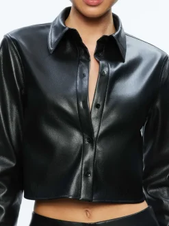 Alice and Olivia Leon Cropped Vegan Leather Button Down-Women Tops