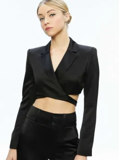 Alice and Olivia Leone Cropped Wrap Blazer + Mame High Rise Wide Leg Pant-Women Matching Sets