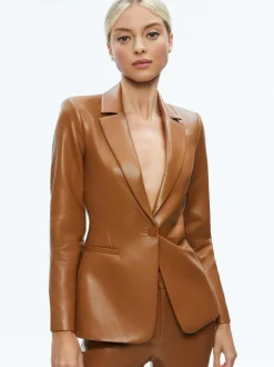 Alice and Olivia Macey Fitted Vegan Leather Blazer-Women Jackets + Coats