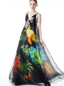 Alice and Olivia Massie Tie Strap Printed Gown-Women Dresses