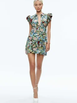 Alice and Olivia Meeko Ruffle Sleeve Shirt Dress-Women Dresses