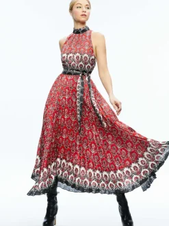 Alice and Olivia Mertie Mock Neck Pleated Maxi Dress-Women Dresses