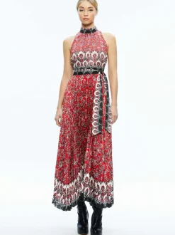 Alice and Olivia Mertie Mock Neck Pleated Maxi Dress-Women Dresses