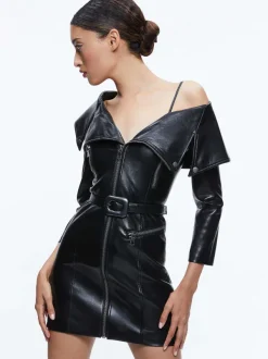 Alice and Olivia Miara Vegan Leather Moto Dress-Women Dresses