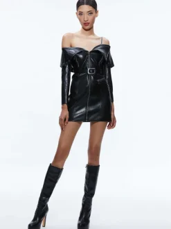 Alice and Olivia Miara Vegan Leather Moto Dress-Women Dresses