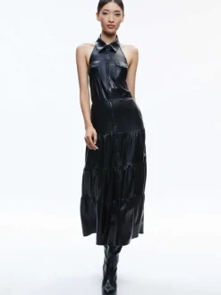 Alice and Olivia Miranda Vegan Halter Neck Tiered Midi Dress-Women Dresses