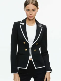 Alice and Olivia Mya Contrast Piping Fitted Blazer-Women Jackets + Coats