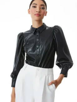Alice and Olivia Nadine Vegan Leather Button Down-Women Tops
