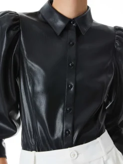 Alice and Olivia Nadine Vegan Leather Button Down-Women Tops