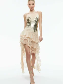 Alice and Olivia Nelia Sequined High Low Ruffled Maxi Dress-Women Dresses