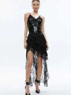 Alice and Olivia Nelia Sequined High Low Ruffled Maxi Dress-Women Dresses