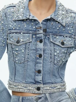 Alice and Olivia Nelson Embellished Fitted Denim Jacket-Women Jackets + Coats