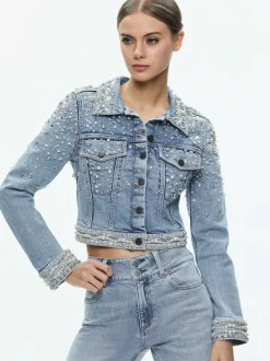 Alice and Olivia Nelson Embellished Fitted Denim Jacket-Women Jackets + Coats
