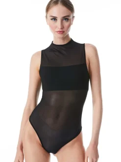 Alice and Olivia Nichol High Neck Sleeveless Mesh Bodysuit-Women Tops