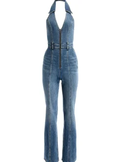 Alice and Olivia Noemi Halter Neck Denim Jumpsuit-Women Jumpsuits