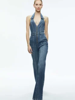 Alice and Olivia Noemi Halter Neck Denim Jumpsuit-Women Jumpsuits