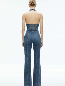 Alice and Olivia Noemi Halter Neck Denim Jumpsuit-Women Jumpsuits