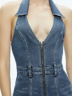 Alice and Olivia Noemi Halter Neck Denim Jumpsuit-Women Jumpsuits