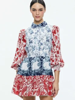 Alice and Olivia Paulie Tiered Blouson Sleeve Mini Dress-Women Dresses