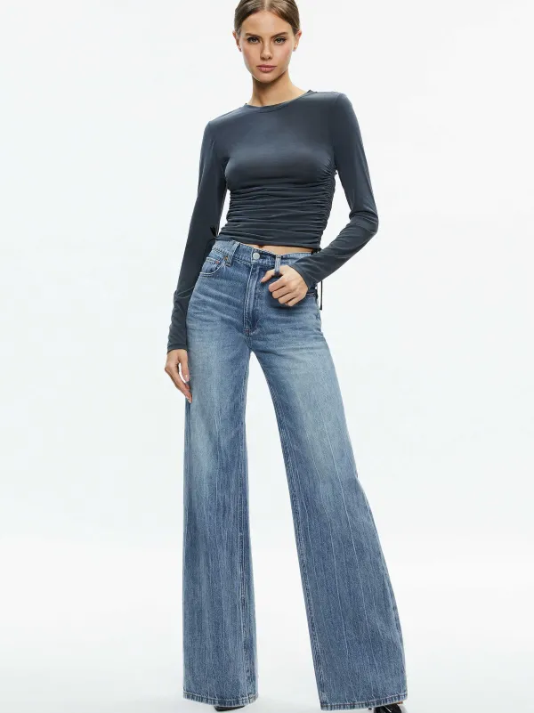 Alice and Olivia Percy Crewneck Ruched Cropped Top-Women Tops