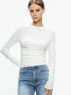Alice and Olivia Percy Crewneck Ruched Cropped Top-Women Tops