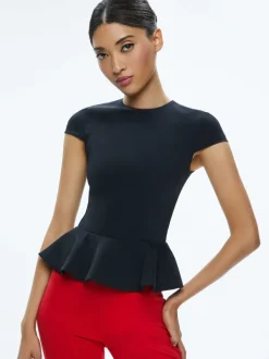 Alice and Olivia Poppy Crew Neck Cap Sleeve Peplum Top-Women Tops