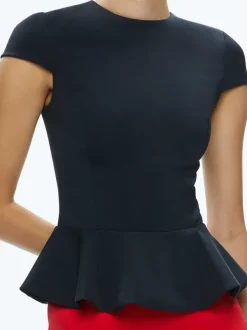 Alice and Olivia Poppy Crew Neck Cap Sleeve Peplum Top-Women Tops