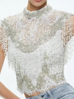 Alice and Olivia Pria Embellished Mock Neck Fringe Top-Women Tops