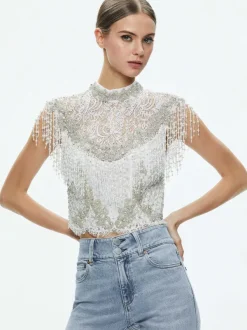Alice and Olivia Pria Embellished Mock Neck Fringe Top-Women Tops
