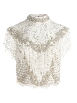 Alice and Olivia Pria Embellished Mock Neck Fringe Top-Women Tops