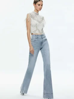 Alice and Olivia Pria Embellished Mock Neck Fringe Top-Women Tops