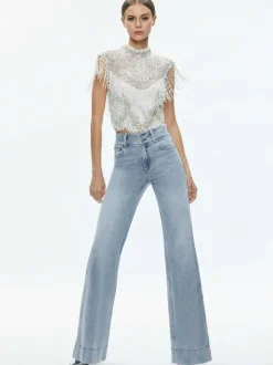Alice and Olivia Pria Embellished Mock Neck Fringe Top-Women Tops
