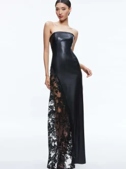 Alice and Olivia Retha Vegan Leather Lace Maxi Dress-Women Dresses