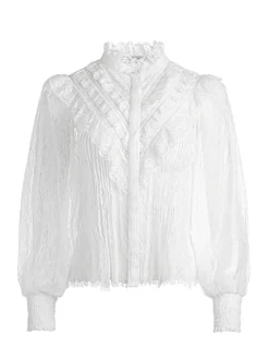 Alice and Olivia Rheba Mock Neck Button Front Lace Top-Women Tops