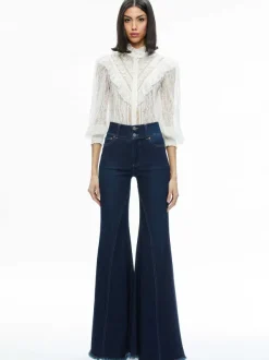 Alice and Olivia Rheba Mock Neck Button Front Lace Top-Women Tops