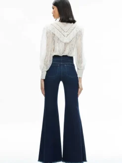 Alice and Olivia Rheba Mock Neck Button Front Lace Top-Women Tops