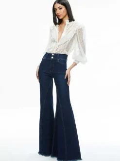 Alice and Olivia Rheba Mock Neck Button Front Lace Top-Women Tops