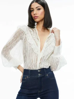 Alice and Olivia Rheba Mock Neck Button Front Lace Top-Women Tops