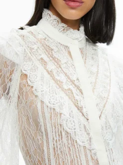 Alice and Olivia Rheba Mock Neck Button Front Lace Top-Women Tops