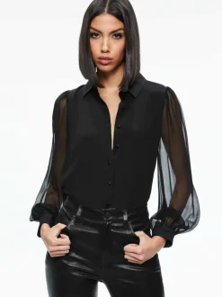 Alice and Olivia Roanne Blouson Sleeve Button Down-Women Tops
