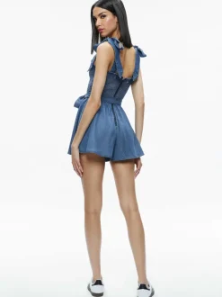 Alice and Olivia Roz Smocked Chambray Romper-Women Jumpsuits