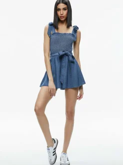 Alice and Olivia Roz Smocked Chambray Romper-Women Jumpsuits