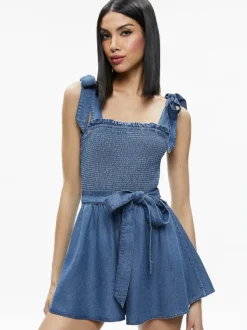 Alice and Olivia Roz Smocked Chambray Romper-Women Jumpsuits