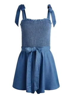 Alice and Olivia Roz Smocked Chambray Romper-Women Jumpsuits