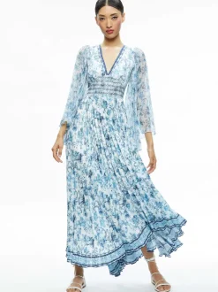 Alice and Olivia Sion Sunburst Pleated Maxi Dress-Women Dresses