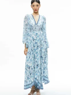 Alice and Olivia Sion Sunburst Pleated Maxi Dress-Women Dresses