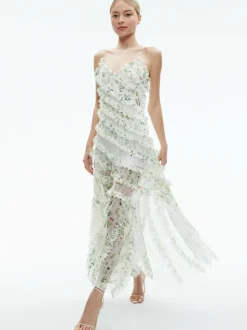 Alice and Olivia Sondra Tie Strap Lace Ruffled Maxi Dress-Women Dresses