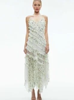 Alice and Olivia Sondra Tie Strap Lace Ruffled Maxi Dress-Women Dresses