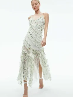 Alice and Olivia Sondra Tie Strap Lace Ruffled Maxi Dress-Women Dresses