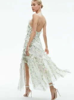 Alice and Olivia Sondra Tie Strap Lace Ruffled Maxi Dress-Women Dresses